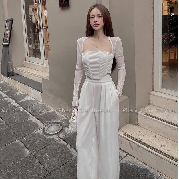BỘ Quần SUÔNG DÀI+ ÁO CROPT VẠT NHỌN TAY LƯỚI 230922