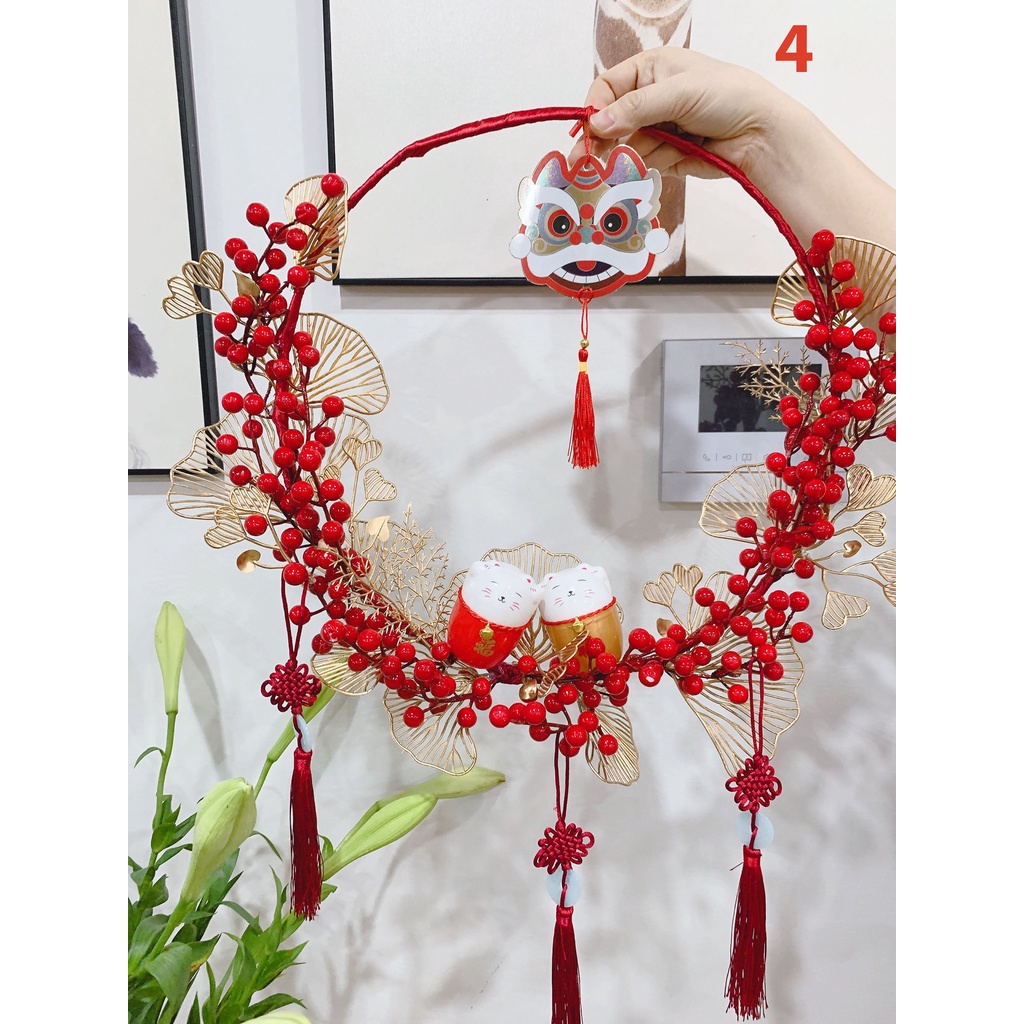 Vòng tài lộc treo cửa Decor trang trí ngày tết may mắn Đón xuân- Vòng hoa đào đông đỏ đón tết may mắn Tài Lộc năm mới