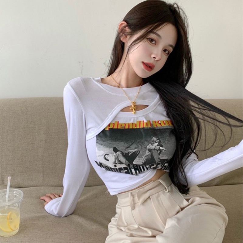 IELGY Áo Thun Lửng Tay Dài In Họa Tiết Thời Trang Dành Cho Nữ