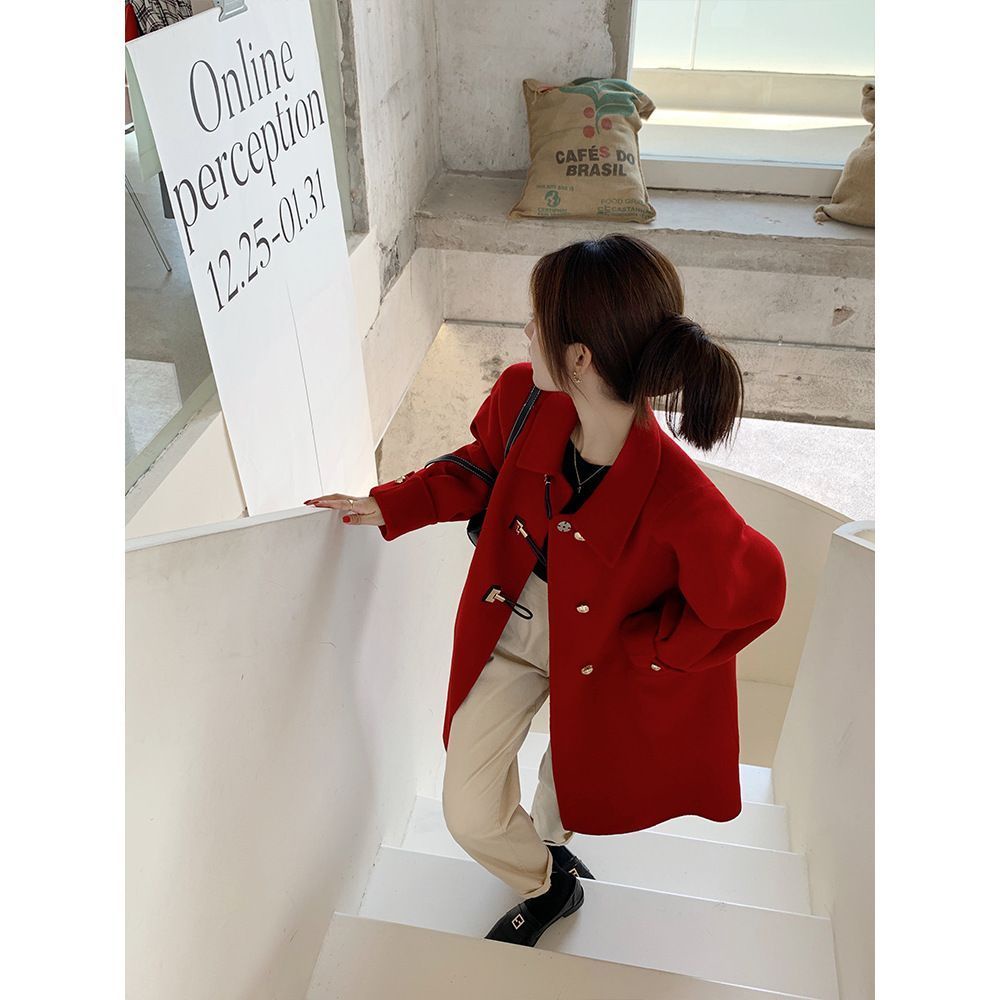 Áo Khoác Len Cao Cấp Dáng Rộng Cài Khuy Cổ Búp Bê Phong Cách Hàn Quốc Thời Trang Thu Đông Mới Cho Nữ
