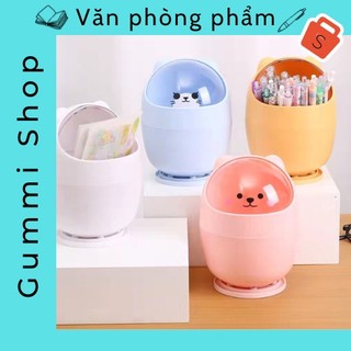 Thùng rác trang trí bàn học, Thùng rác nắp gạt mini hình gấu mèo có tai ngộ nghĩnh dễ thương, decor bàn học có sẵn
