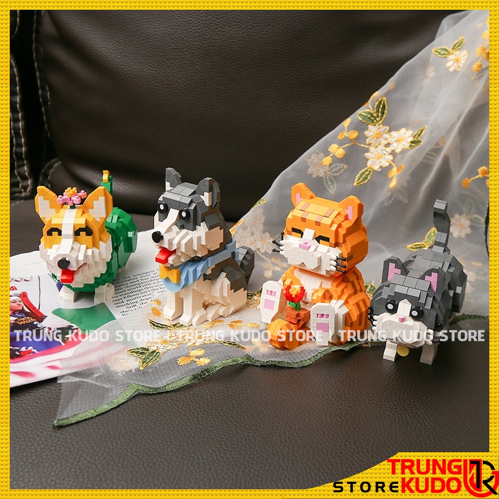 Bộ Đồ Chơi Lắp Ráp Thú Cưng Bull Corgi Husky Shiba Chó Mèo Làm Quà Đồ Decor