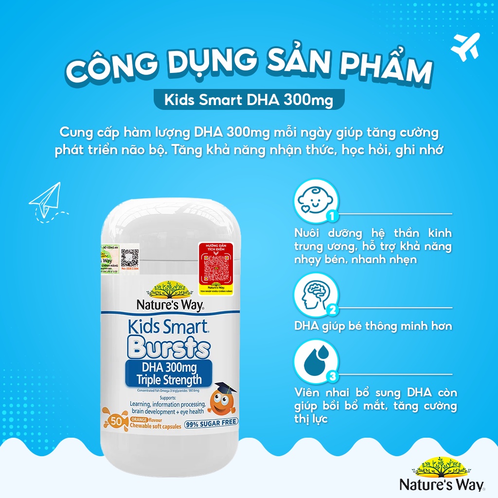 Combo 2 Hộp Viên Nhai Kids Smart DHA 300mg Triple Strength NATURE'S WAY Phát Triển Não Bộ Và Mắt Khỏe Mạnh 50 Viên/hộp