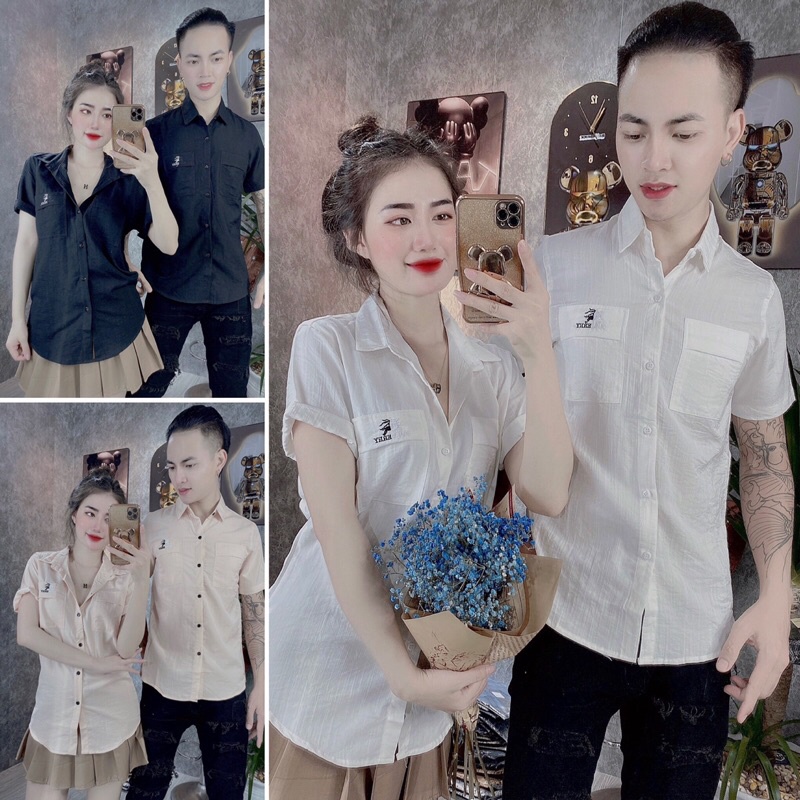 Áo sơ mi cặp đôi nam nữ ngắn tay form ôm thêu họa tiết BURB áo chất vải đũi mềm mịn thời trang hot tren giá tốt