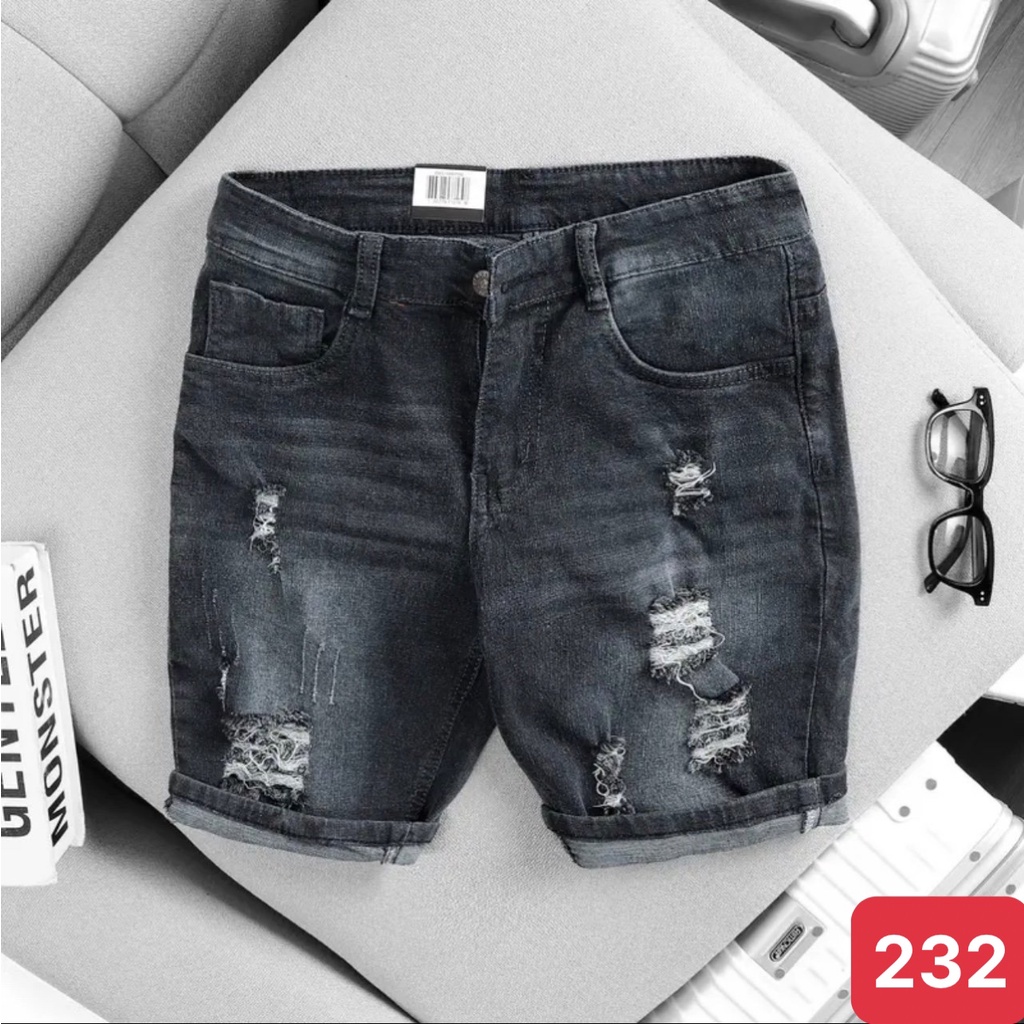 Quần đùi short jean nam màu xám đen đậm trơn rách chất bò cao cấp co dãn 4 chiều đẹp from dáng skinny chuẩn ADO20
