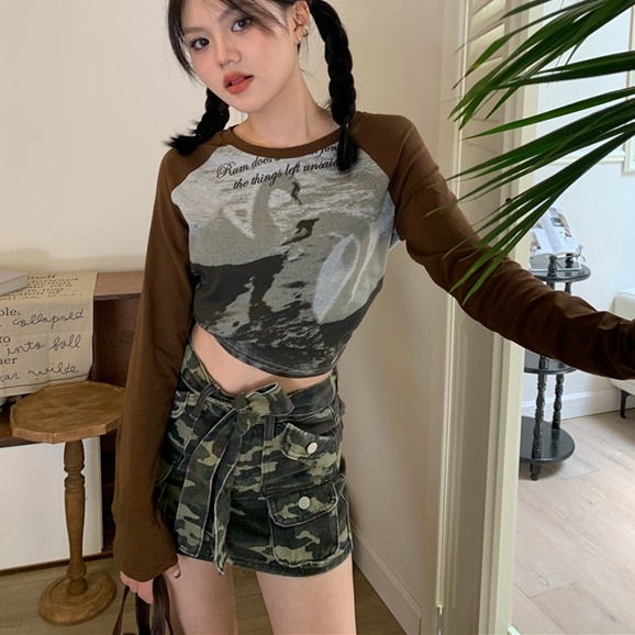 Áo thun croptop SUXI tay dài cổ tròn thời trang mùa thu quyến rũ cho nữ