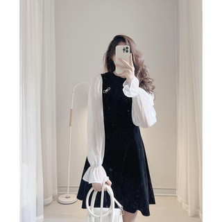 Váy nhung tay tơ kèm nơ đá by Samhyewear