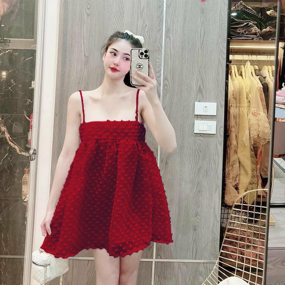 Đầm nữ 2 dây bông xù TH56 babydoll dáng xòe 2 dây họa tiết nhỏ xinh xắn
