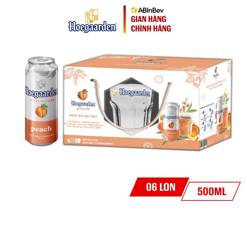 Bia Hoegaarden Peach Hộp 6 Lon (500ml/Lon) - Tặng 1 Ly Thủy Tinh