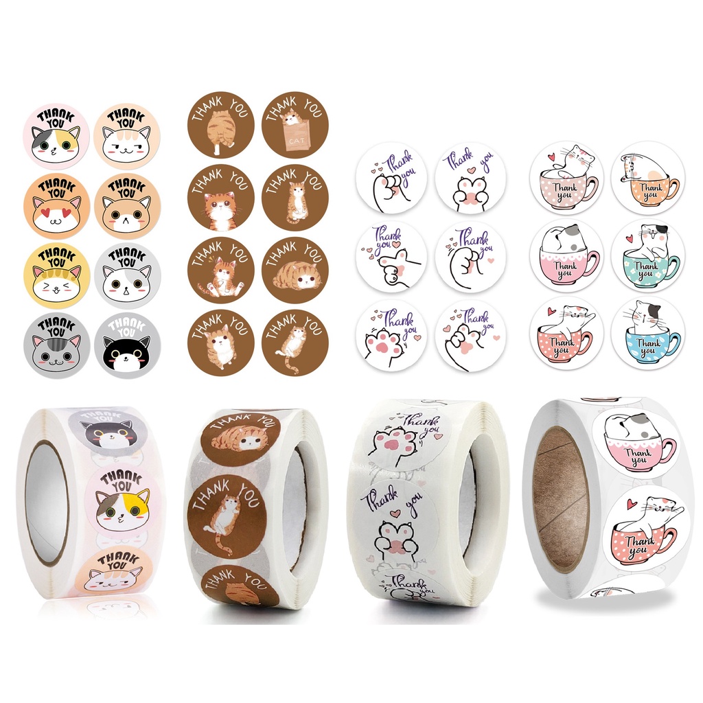 Cuộn 500 nhãn dán cảm ơn hình mèo cực dễ thương