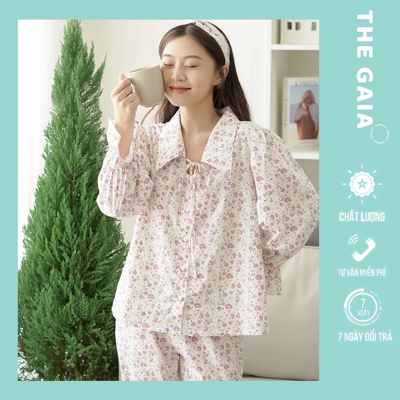 THE GAIA - Bộ pyjama nữ mặc nhà dài tay chất liệu vải thô cotton hoạ hoa