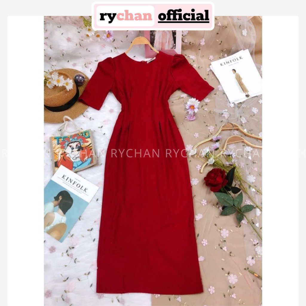 [ẢNH THẬT CUỐI] Đầm Dáng Dài Cổ Tròn Xếp Li Eo Sành Điệu, Đầm Nữ Tôn Dáng Tay Ngắn Màu Đỏ Trắng-DX168