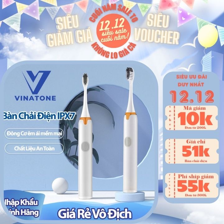 Bàn chải điện đánh răng tự động KKTV vệ sinh răng miệng siêu sạch với lông chải mềm, chống nước công nghệ IPX7-VINATONE