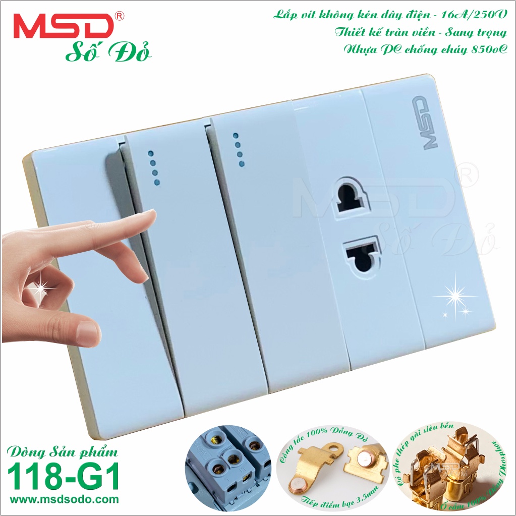 BỘ SẢN PHẨM: 2 CÔNG TẮC  + 1 Ổ CẮM 2 CHẤU - 15A250V  - DÒNG 118G1