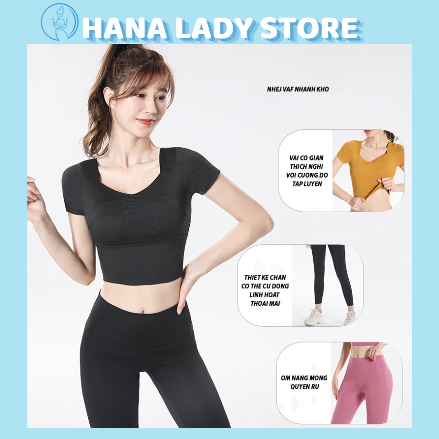 Set đồ tập gym, yoga nữ - áo bra thể thao croptop có tay, quần lưng cao, kèm mút nâng ngực tiền dụng BTG01