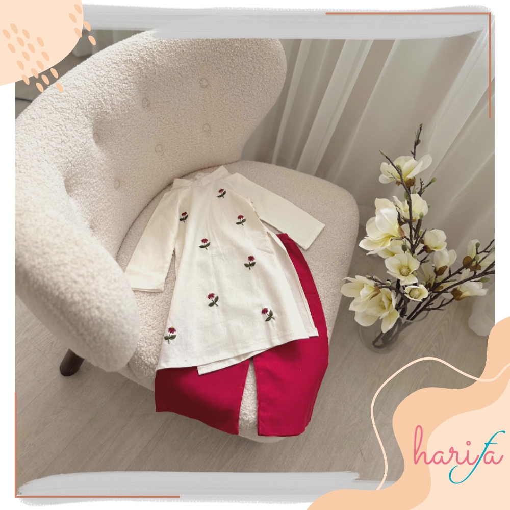 BADT010 Áo dài bé gái - chất liệu linen thêu tay - hoa tiết hoa lác đác - 1-6 tuổi