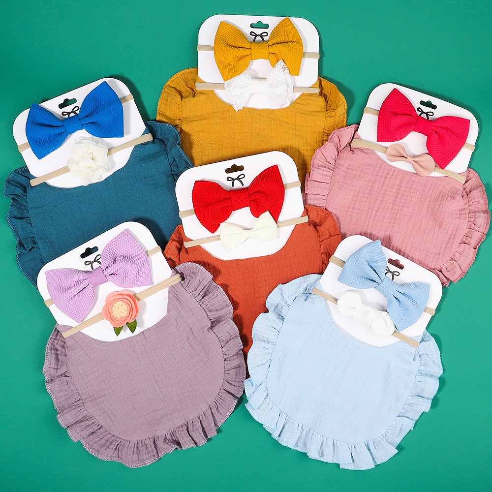 KIDSBOWS Set yếm ăn kèm phụ kiện tóc KIDSBOWS cotton hình tam giác màu trơn chống thấm nước dành cho bé