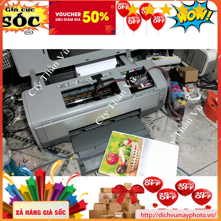 Máy in màu cũ Epson 1390 in khổ A3 A4 máy dùng 6 màu mực in đẹp hàng đạt trên 70% đầu in đủ nét in đẹp dẫn mực dye uv