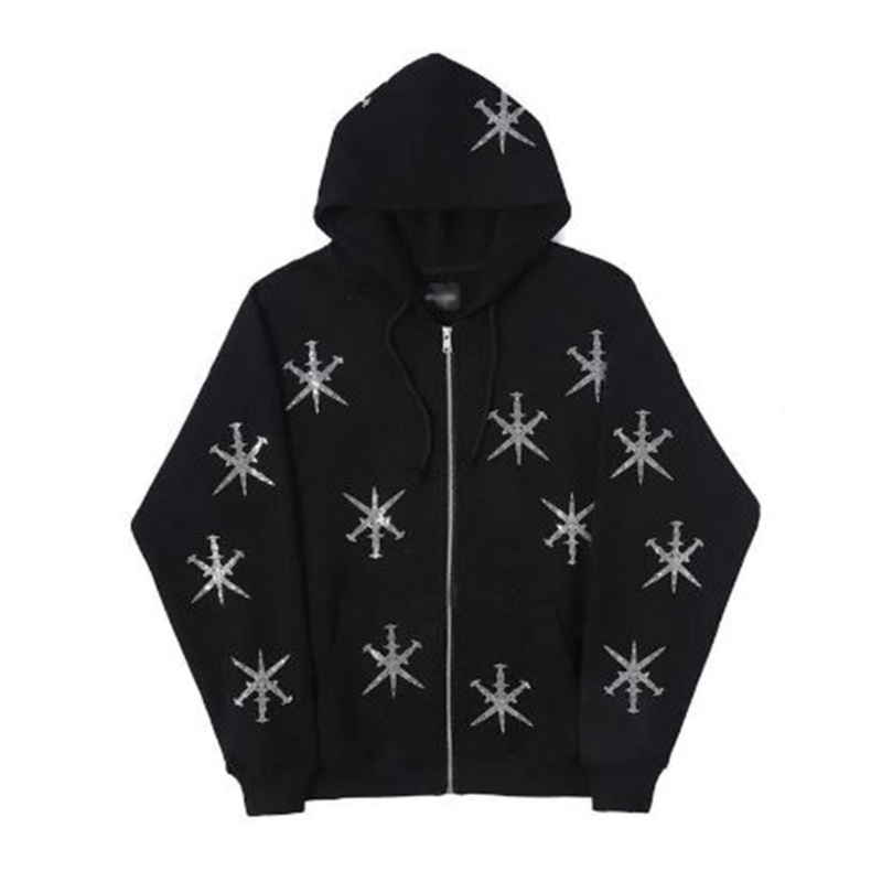 Xiangbao Áo Khoác Hoodie Nỉ Dáng Rộng Cỡ Lớn Có Khóa Kéo Hình Bông Tuyết Đính Đá Phong
