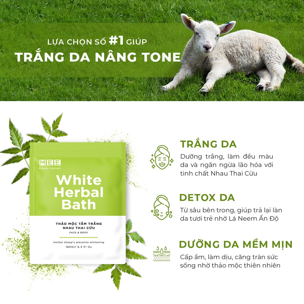 Tắm trắng x3 nhau thai cừu, dưỡng trắng da body thảo mộc Mee Natural White Herbal Bath 180g