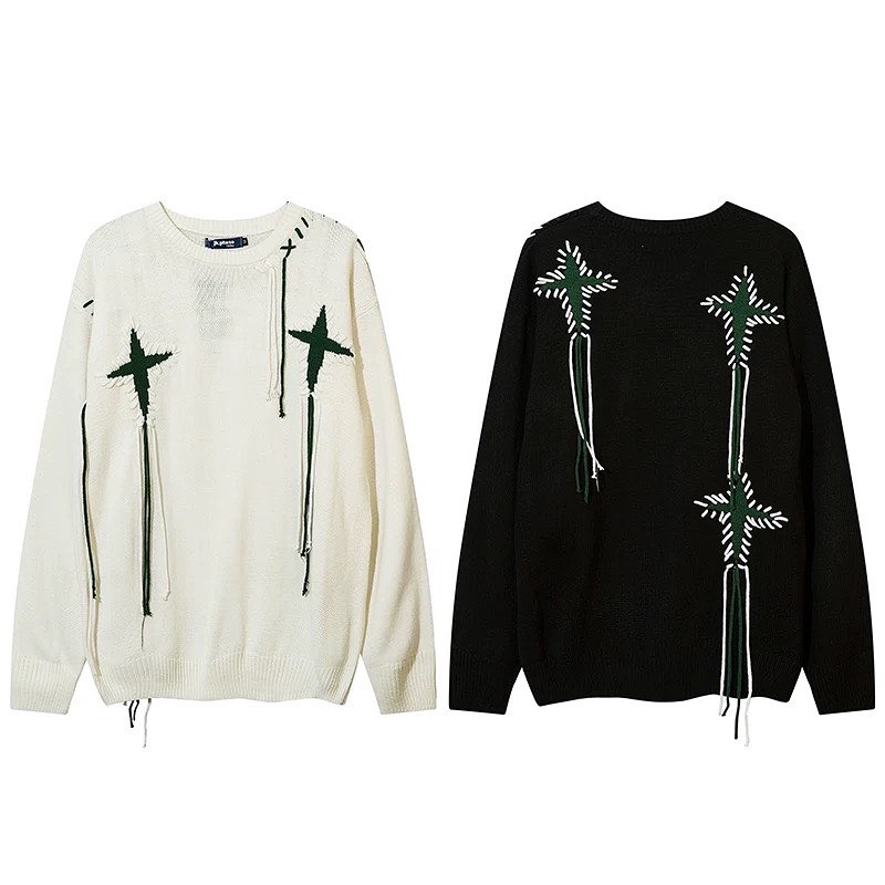 Áo sweater len unisex họa tiết thánh giá rách tua phong cách hiphop