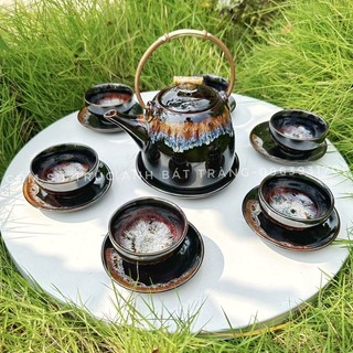 Bộ ấm trà, men hoả biến lòng hoa nghệ nhân làng cổ Bát tràng ấm chén cao cấp hiện đại sang trọng