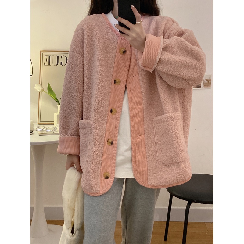 Áo Khoác Lông Cừu Dáng Rộng Màu Sắc Tương Phản Thời Trang Mùa Đông Hàn Quốc