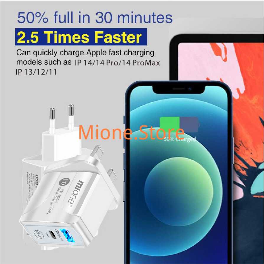 Củ sạc nhanh USB C MIONE 25W 2 cổng USB Type C PD QC 3.0 4.0 20W thích hợp cho máy tính bảng điện thoại Android