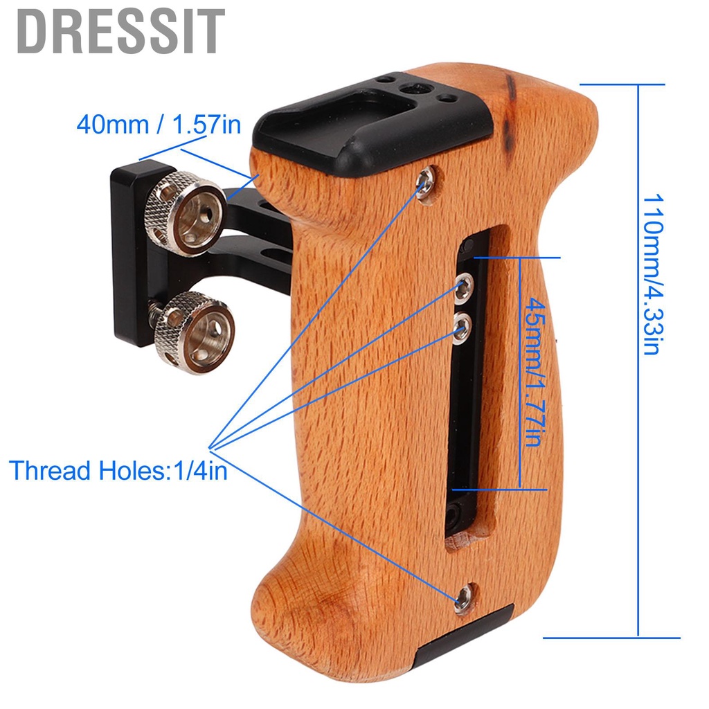 Dressit Wooden Side Handle Grip /4in Thread Shoe Mount For Camera DV Video Cage Kit