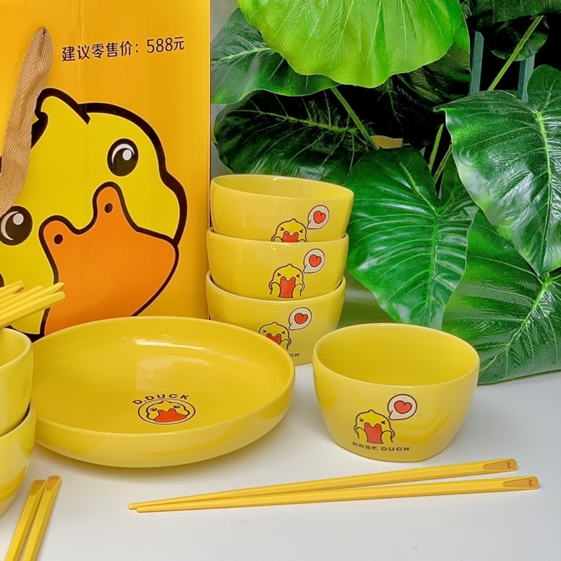 Bộ 2 bát 6 đĩa, Set tô chén gốm sứ Vịt Vàng B.Duck cho gia đình dùng được lò vi sóng, bộ đồ bàn ăn nhà bếp [Bếp nhà Haza