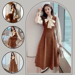 Váy tiểu thư dáng xòe tay dài thắt nơ sang chảnh dễ thương
