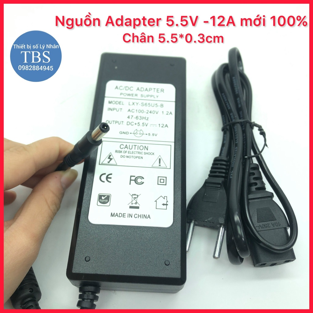Nguồn Adapter 5.5V -12A chân tròn 5.5*0.3cm kèm dây nguồn ( mới 100%)