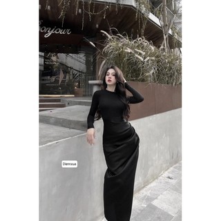 Đầm body dài tay cổ tròn rúm sườn xẻ đùi sexy