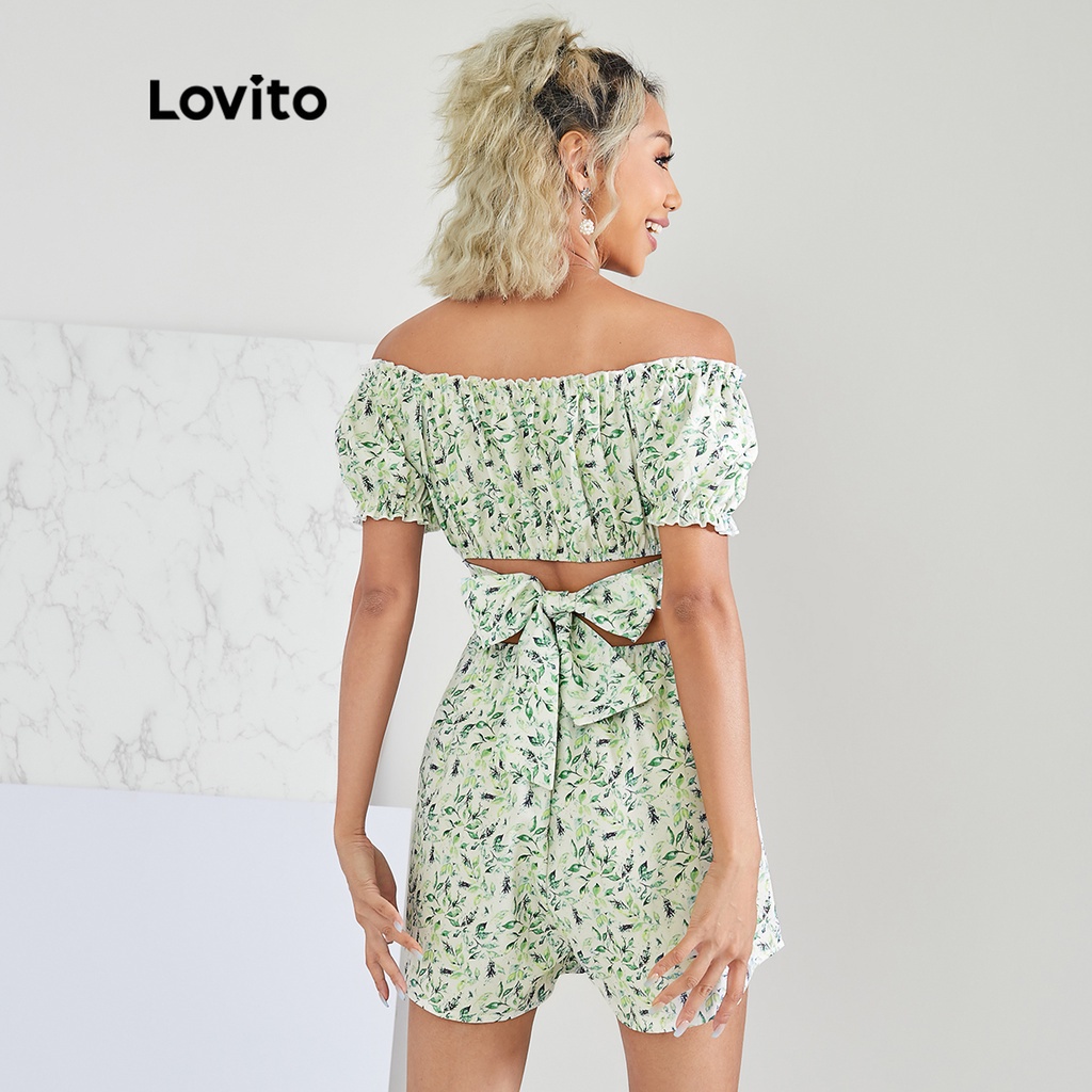 Lovito Bộ Jumpsuit Cổ YếM Kont Ruffle Plants L22Ae002 (Xanh Lá Cây)