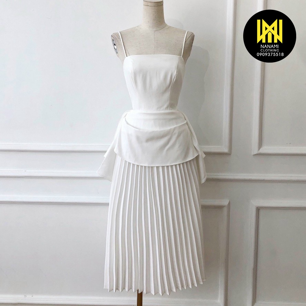 ( HÀNG CHUẨN ĐẸP ) Đầm hai dây phối dập ly cotton hàn Nanami form dáng dịu dàng thướt tha đi tiệc sang chảnh - ATNU070