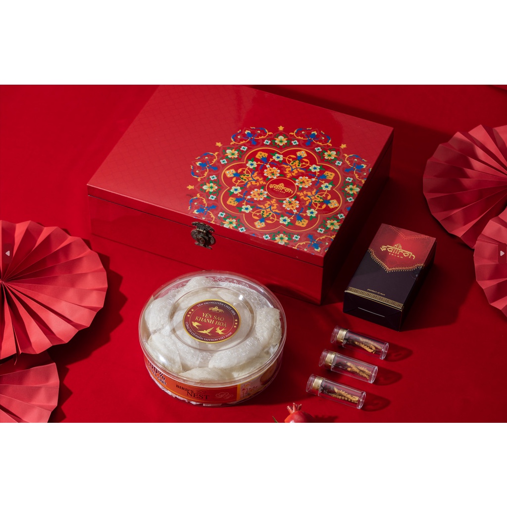 Hộp quà tặng sơn mài 2024 sang trọng lịch sự với Nhụy hoa nghệ tây Saffron Salam, yến xào và đông trùng Tây Tạng