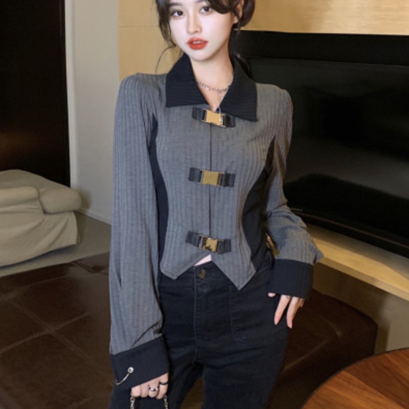 Áo Sơ Mi Nữ Tay Dài Màu Tương Phản Phong Cách Hàn Quốc Thời Trang