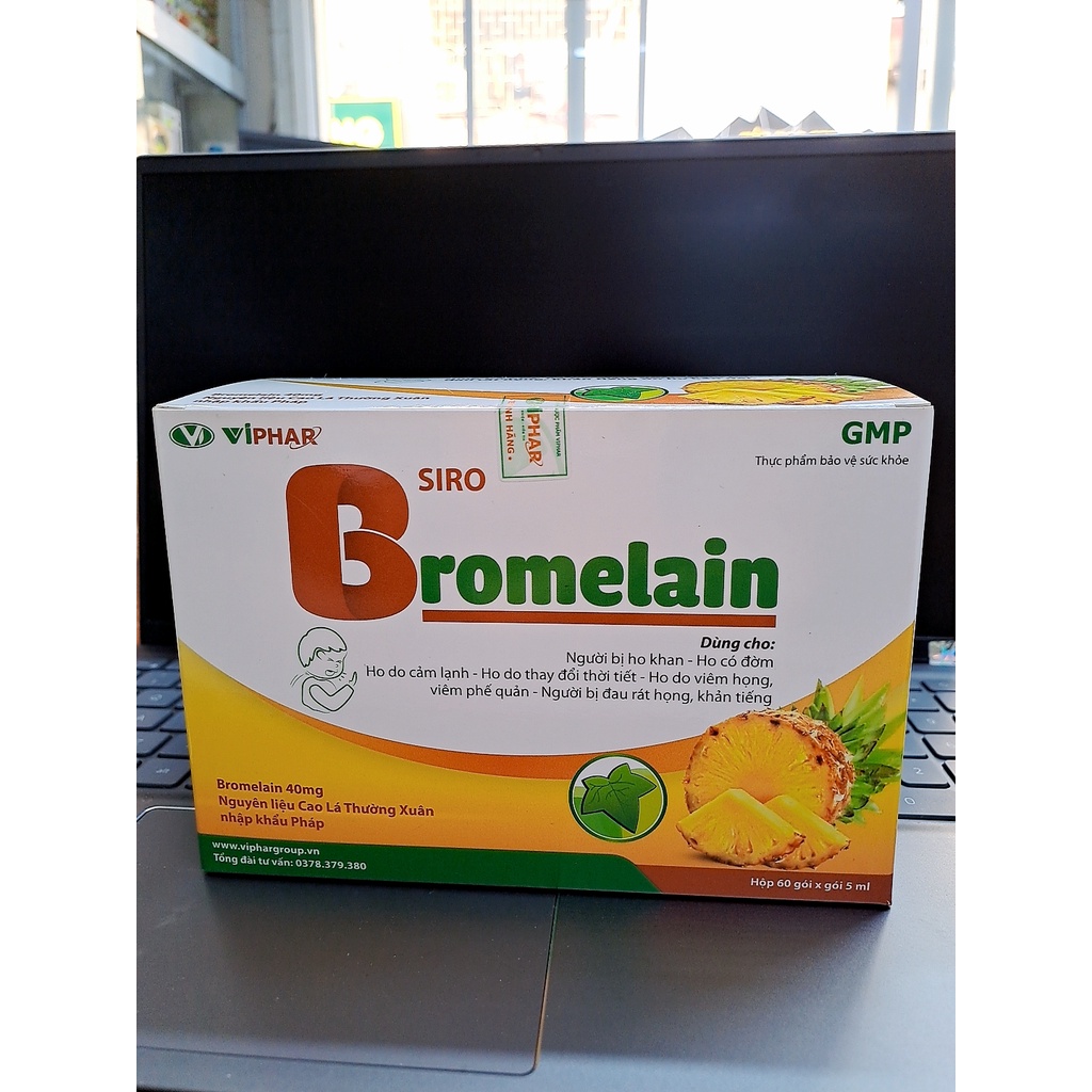 Siro ho cảm, đau rát họng, khản tiếng, viêm phế quản BROMELAIN. Hộp 60 gói.