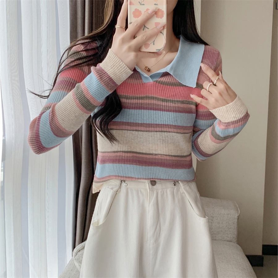 Áo Thun Polo Tay Dài Dáng Ôm Họa Tiết Kẻ Sọc Màu Sắc Tương Phản Phong Cách Hàn