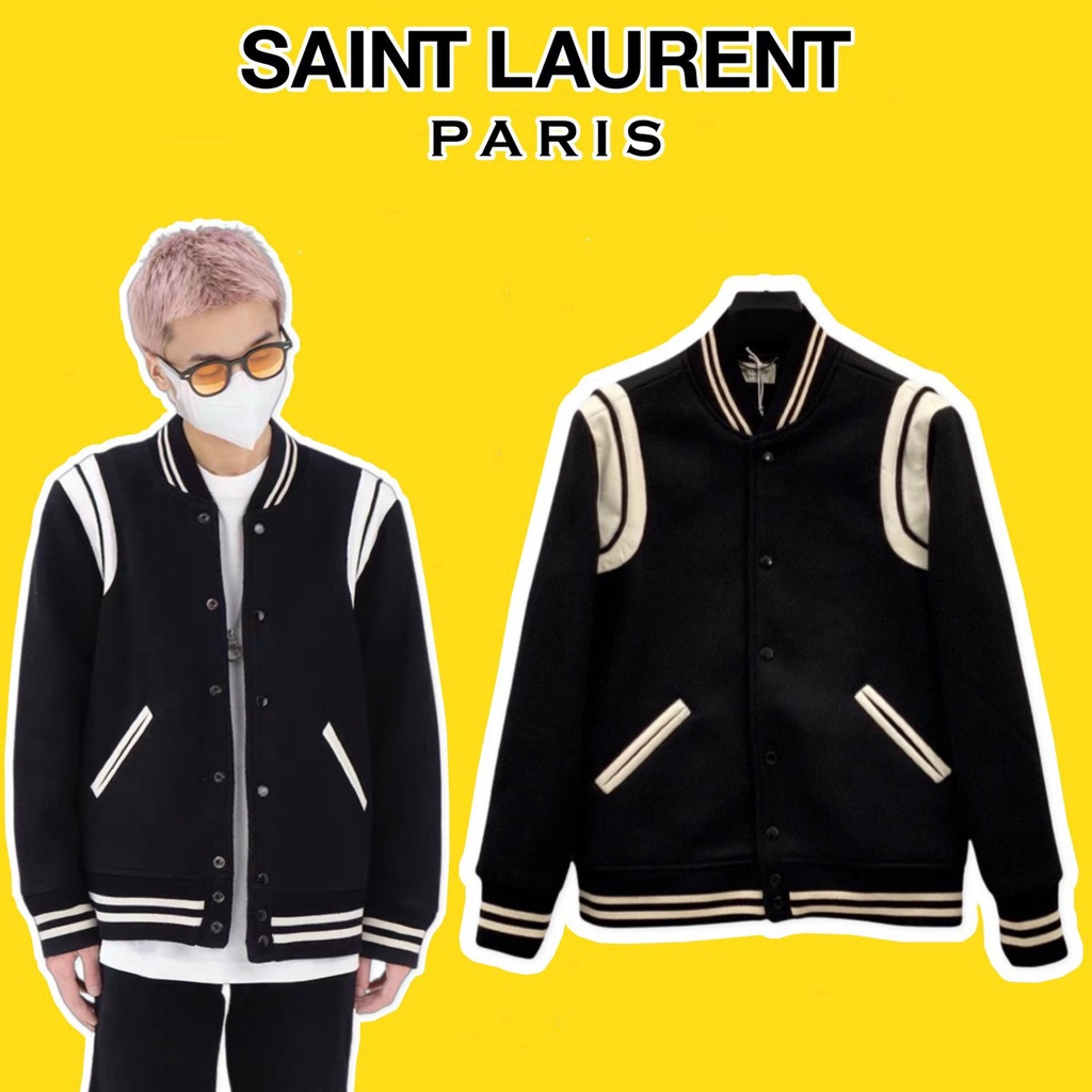 Áo Bomber Teddy SAINT LẢUENT PARIS Đen Tay Viền Trắng, Áo Khoác Bomber Đen Trắng Nỉ