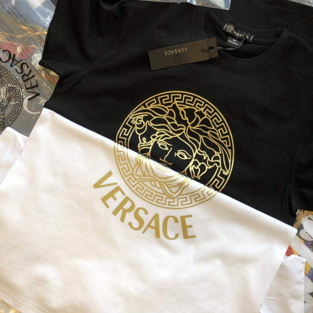 Áo Thun Cotton Cổ Tròn Ngắn Tay In Nhãn Versace / label / 2 Thời Trang Unisex