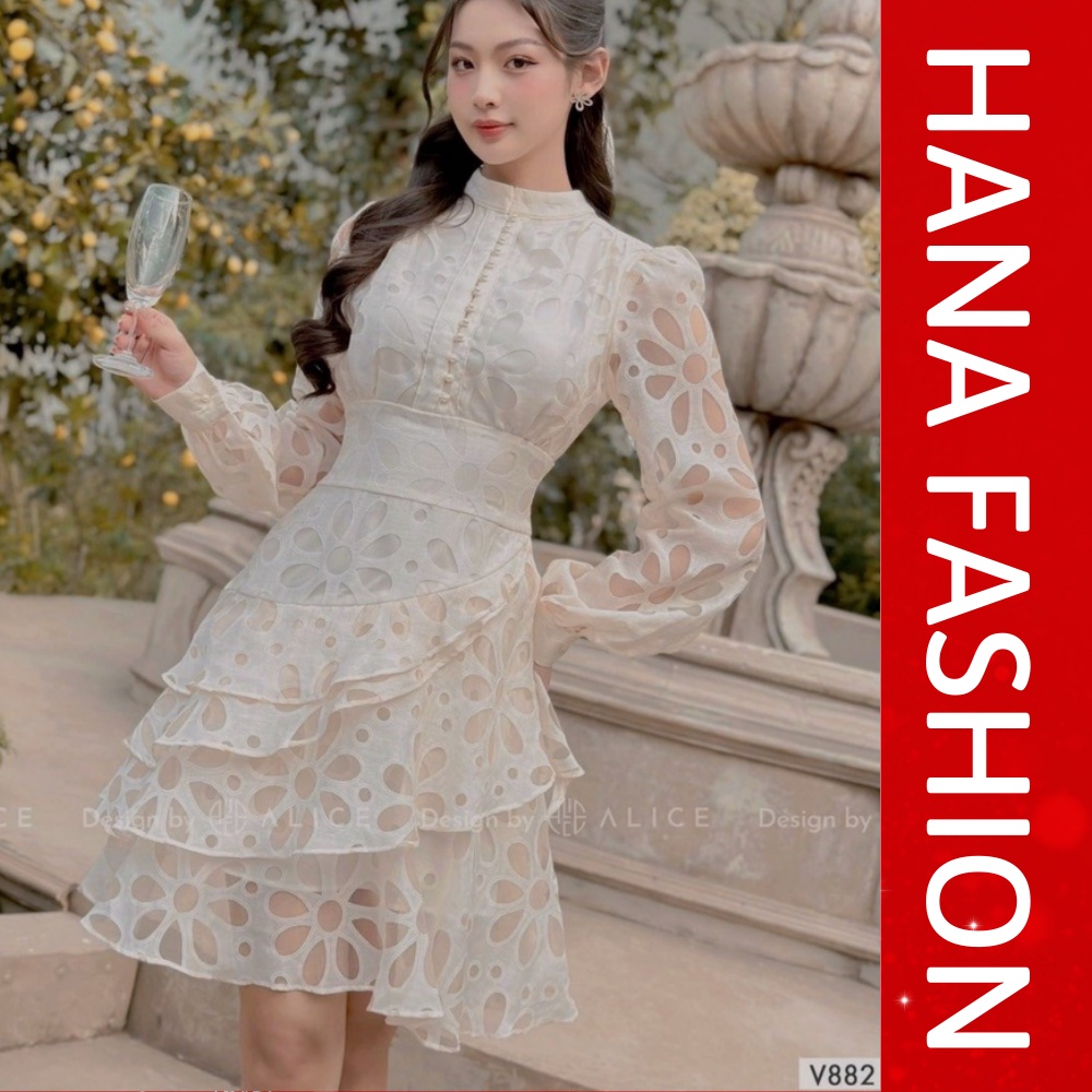 Váy Đầm Ren Tơ Li-en 5 Lớp Khuy Ngọc Cổ Trụ Tay Dài Xếp Ly Tầng Sang Chảnh Tiểu Thư Công Sở Dự Tiệc Đám Cưới