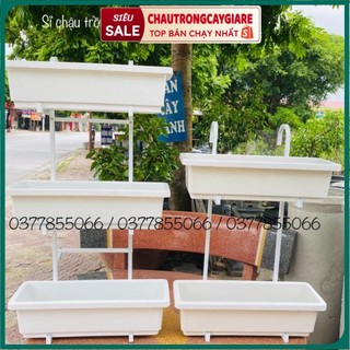 COMBO Khung sắt treo 3 tầng+ Chậu nhựa trồng rau, hoa cây cảnh ban công, máng trồng rau nhựa dài chữ nhật dài 60*20*16cm