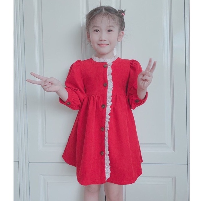 Váy nhung đỏ cho bé gái thu đông - Babystore88 đầm tết cho bé dài tay hàng thiết kế 1 2 3 4 5 6 7 8 tuổi V62
