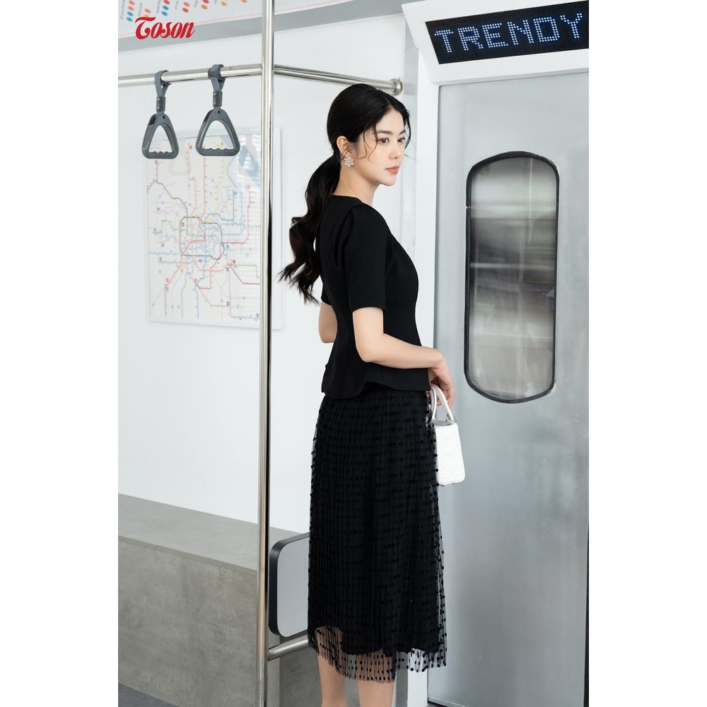 Chân váy dập ly xòe quạt, ren đen chấm nhung Toson 37979B52