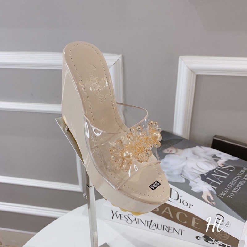 ❄️ Lê miks xuồng cô dâu nơ pha Lê trong suốt đế cao 9cm - 12cm