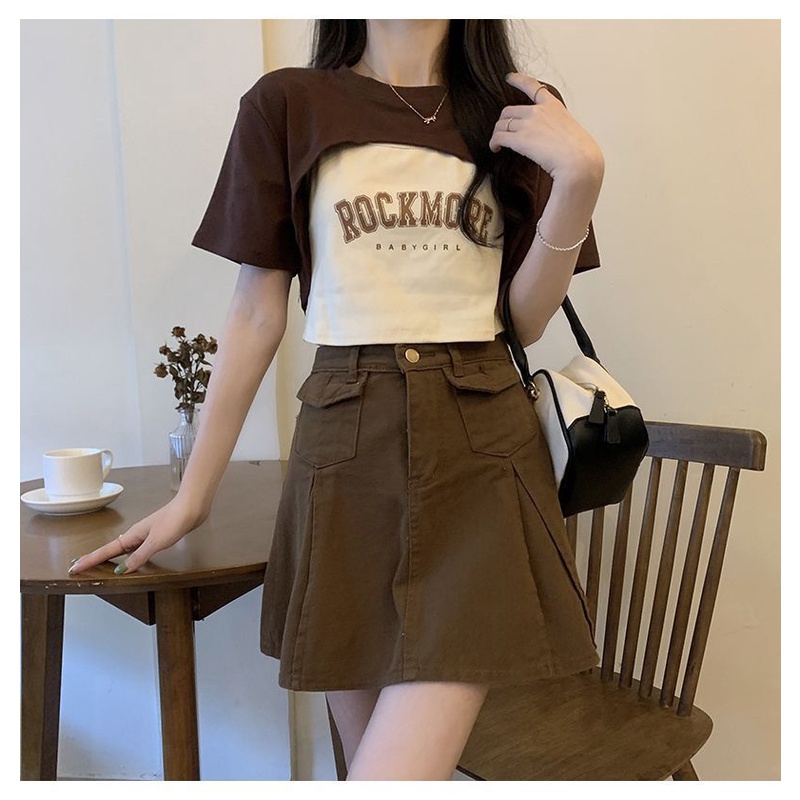 Áo Croptop Tay Ngắn Cổ Tròn In Họa Tiết Phong Cách Retro Mỹ Thời Trang Mùa Hè Cho Nữ