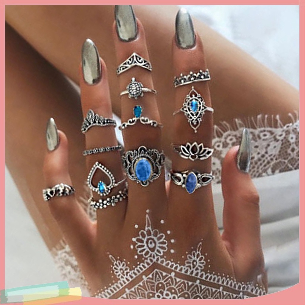 Set 11/13/15 nhẫn hợp kim màu đen đính đá nhân tạo thời trang cho nữ