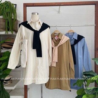Set đầm sơ mi kaki mỏng kèm khăn choàng cổ nhiều màu freesize Pumi