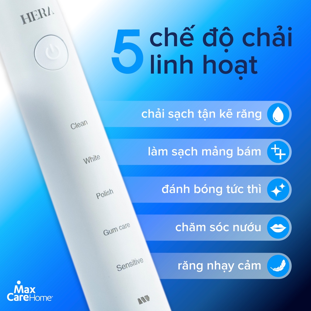 Bàn Chải Điện DIỆT KHUẨN, TRẮNG RĂNG Maxcare Hera Whitening - Sấy Khô TIA UV, Rung Sóng Âm Sonic làm SẠCH MẢNG BÁM